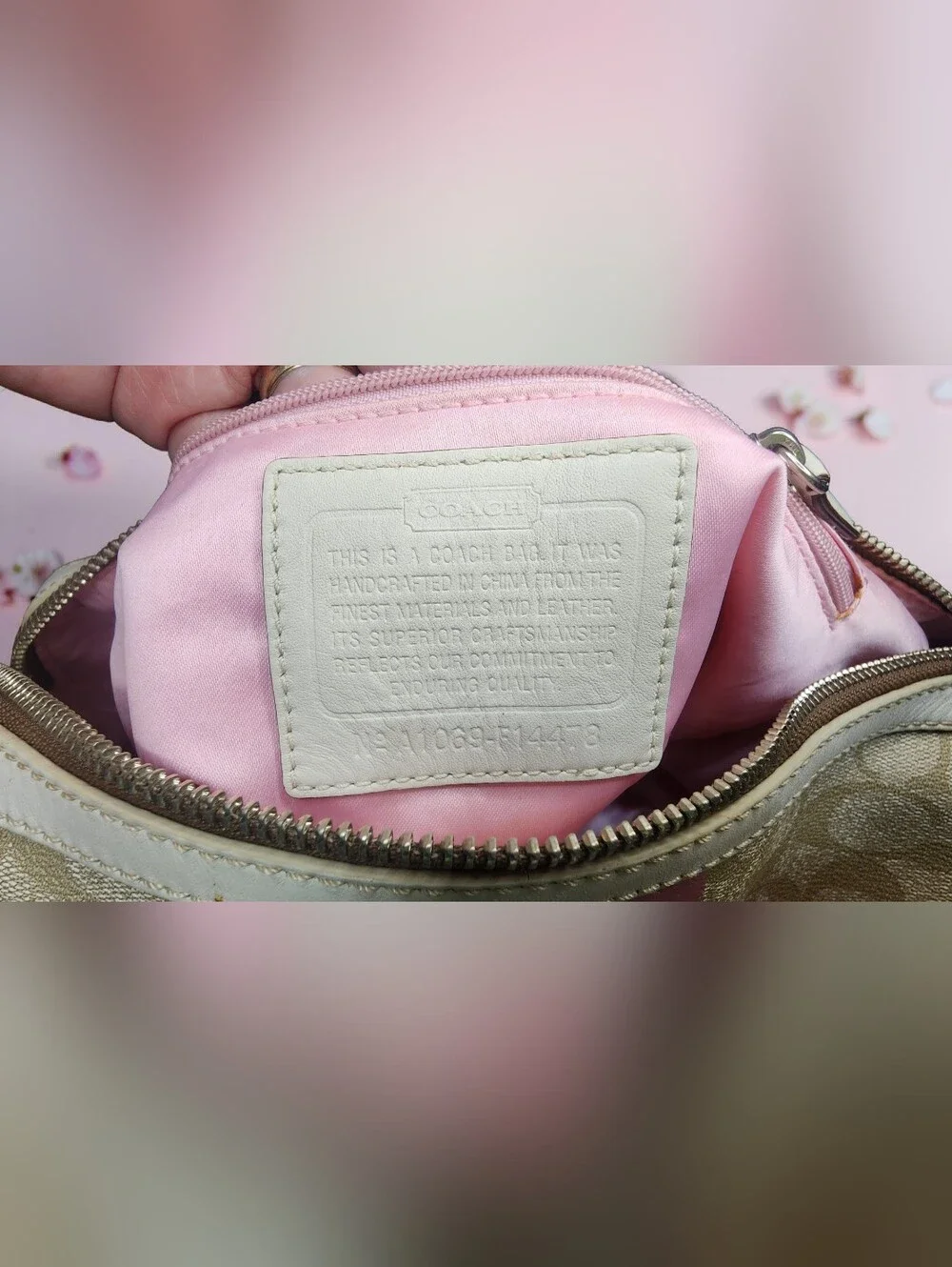 Coach Beige Signature Satchel with Pink and White Stripes